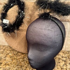Set/2 Black Marabou Feather Angel Halo Headbands – Silver Tinsel, Costume Pair